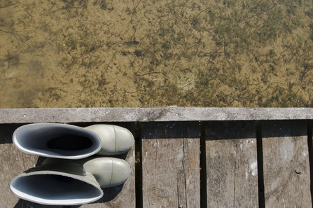 view from above of empty wellies on a boardwalk