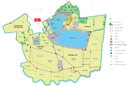 Lower Moor Farm Reserve Map and Key - showing mosaic of lakes and meadows with footpaths